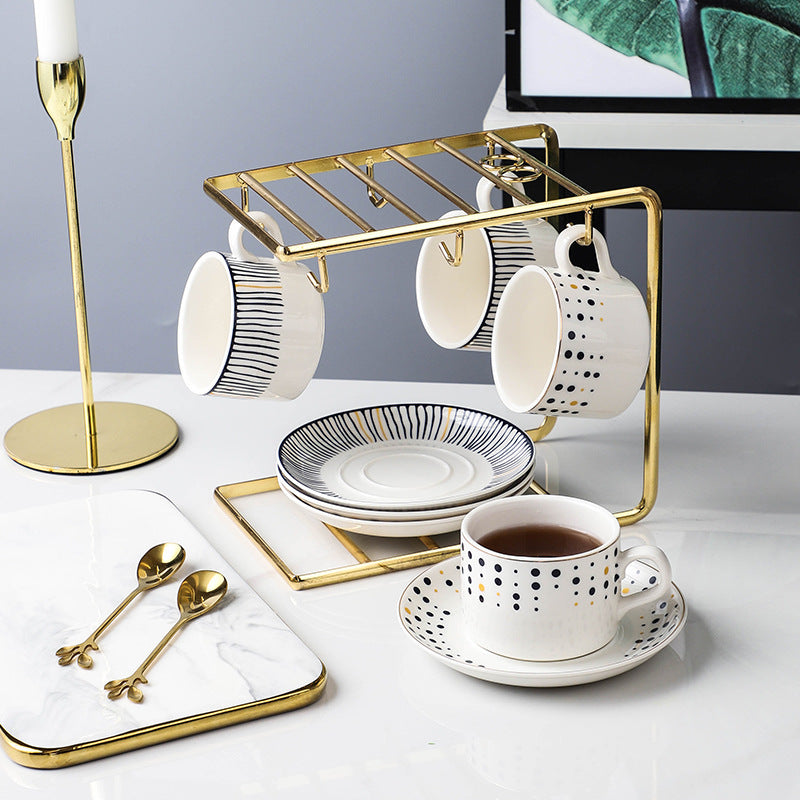 Coffee cup and saucer set with spoon, iron stand, ceramic creative office coffee cup and saucer set, restaurant afternoon tea tableware, nordic style