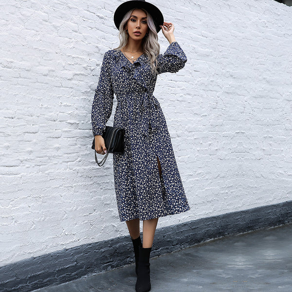 Independent Station Cross-border Autumn and Winter European and American Fashion Foreign Trade Women's Clothing Lotus Leaf Collar Long Sleeve Floral Dress Women