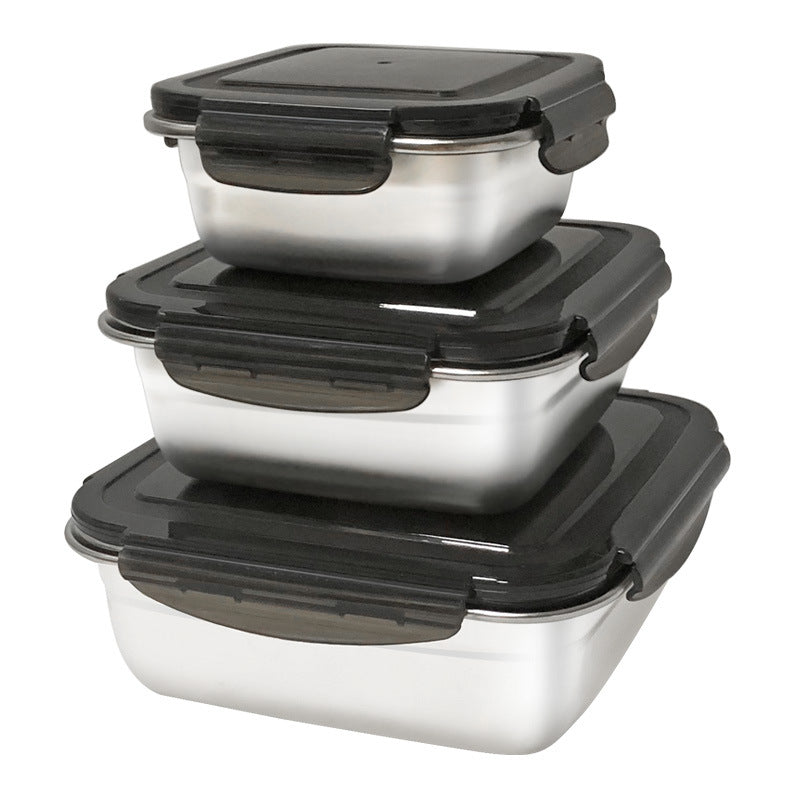 304 stainless steel food storage container set - square, 3-piece with lids - lunch box, refrigerator organizer, fruit sealer, bento box