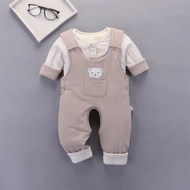 Newborn baby cotton-padded open crotch set - winter style: includes a cardigan-style quilted top and pants (two-piece set)