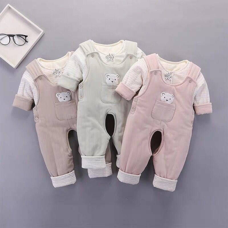 Newborn baby cotton-padded open crotch set - winter style: includes a cardigan-style quilted top and pants (two-piece set)