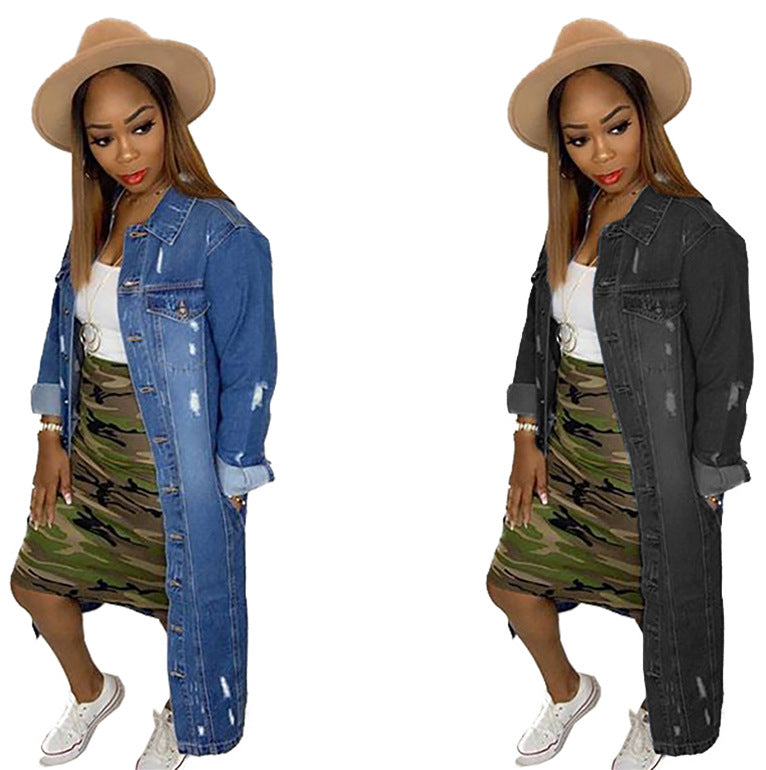 Autumn/winter women's fashion: european & american cross-border style -  chic, commute-friendly, relaxed fit, distressed, single-breasted, versatile denim long coat