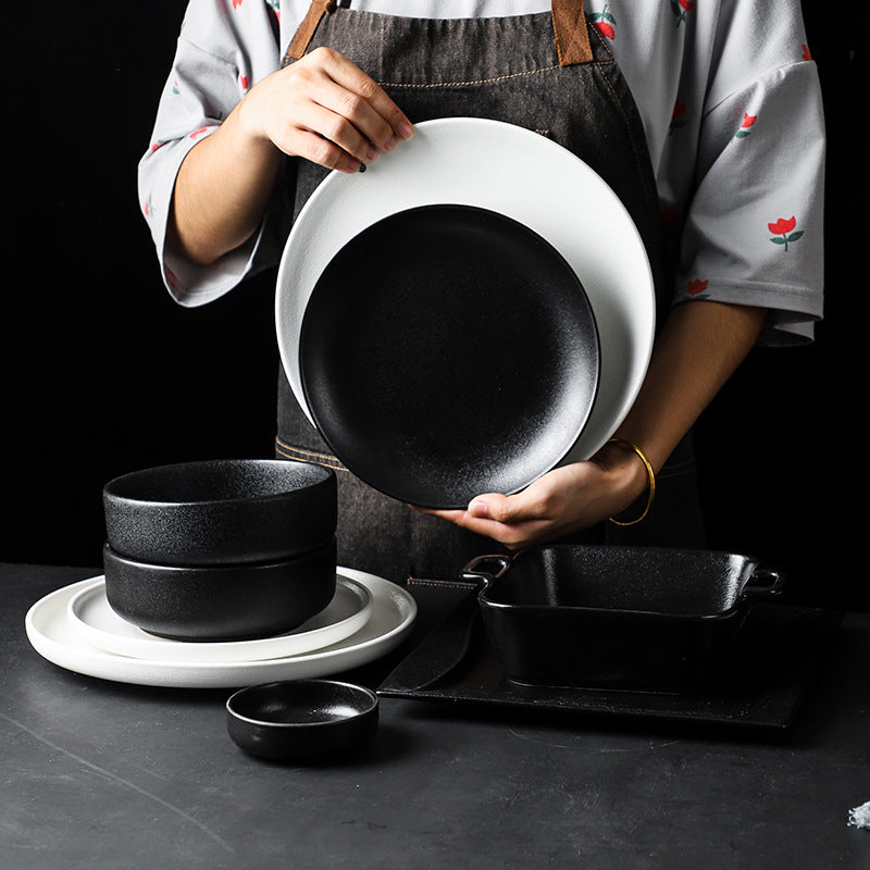 Western-style tableware suit bowls and plates for home black frosted steak plate retro scandinavian bowls and plates ceramic double-ear bowl