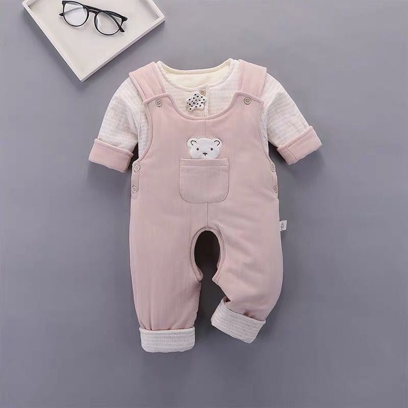 Newborn baby cotton-padded open crotch set - winter style: includes a cardigan-style quilted top and pants (two-piece set)