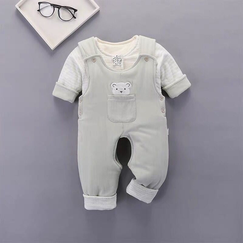 Newborn baby cotton-padded open crotch set - winter style: includes a cardigan-style quilted top and pants (two-piece set)