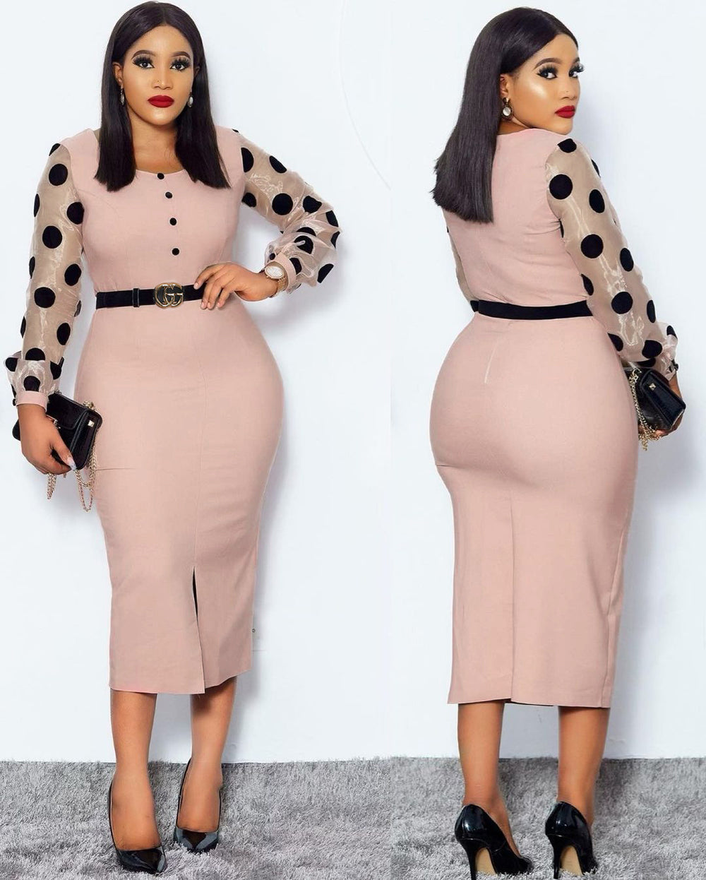 African women's plus size color block polka dot bodycon dress -  ol commute u-neck dress with belt