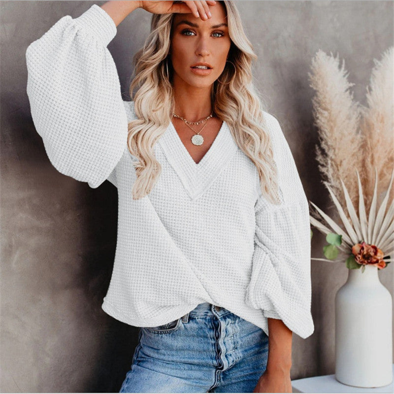 fall/winter new arrivals: 's latest european and american fashion women's loose v-neck knit top with lantern sleeves