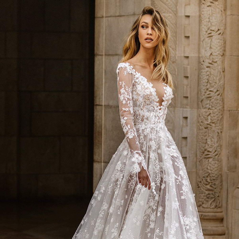 spring/summer new european and american style wedding dresses & evening gowns for cross-border e-commerce – -ready sexy lace long-sleeve dresses