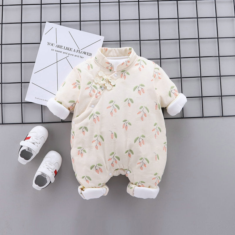 Newborn baby girl chinese style one-piece romper, winter style infant princess cheongsam, super cute crawling suit