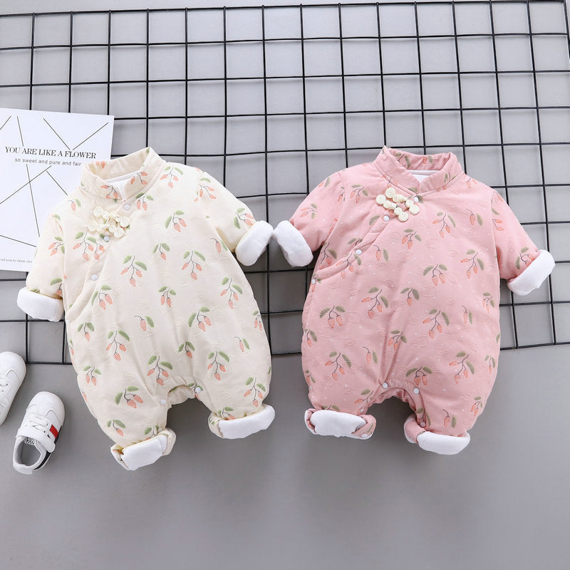 Newborn baby girl chinese style one-piece romper, winter style infant princess cheongsam, super cute crawling suit