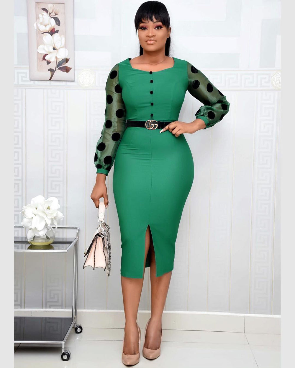 African women's plus size color block polka dot bodycon dress -  ol commute u-neck dress with belt