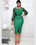 African women's plus size color block polka dot bodycon dress -  ol commute u-neck dress with belt