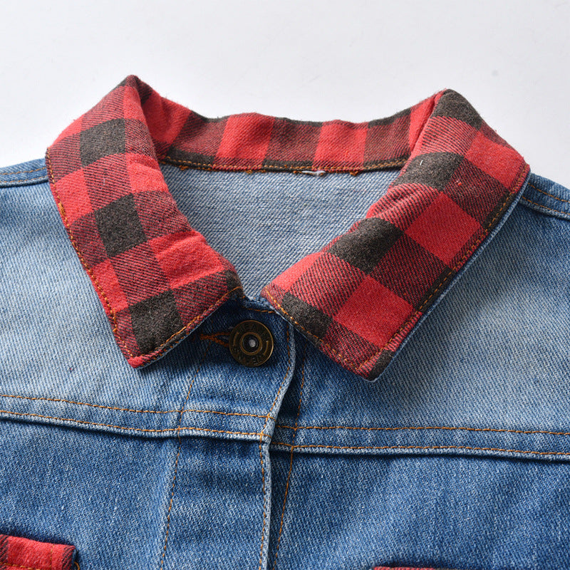 Export children's clothing spring & fallnew arrival boys and girls cotton denim outwear baby plaidpatchwork lapel denim shirt tops