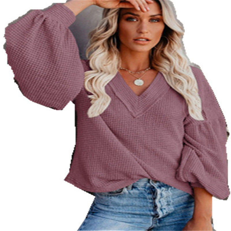 fall/winter new arrivals: 's latest european and american fashion women's loose v-neck knit top with lantern sleeves