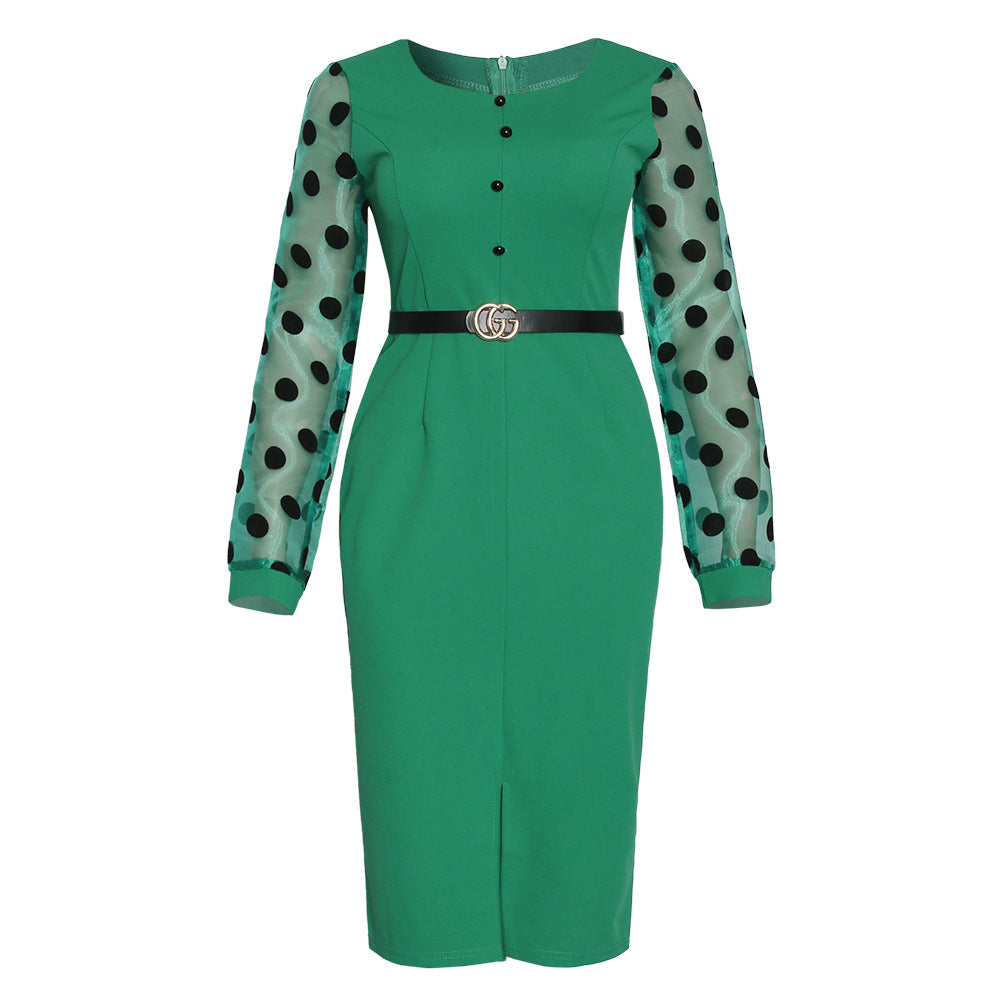 African women's plus size color block polka dot bodycon dress -  ol commute u-neck dress with belt