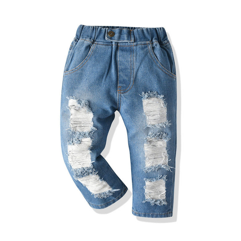Children's spring & fall korean style european and american solid color trendy jeans, boys' mid-rise elastic waist long pants, kids' distressed jeans