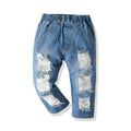 Children's spring & fall korean style european and american solid color trendy jeans, boys' mid-rise elastic waist long pants, kids' distressed jeans