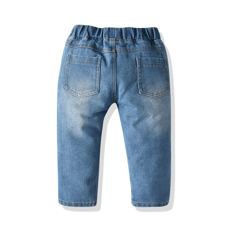 Children's spring & fall korean style european and american solid color trendy jeans, boys' mid-rise elastic waist long pants, kids' distressed jeans