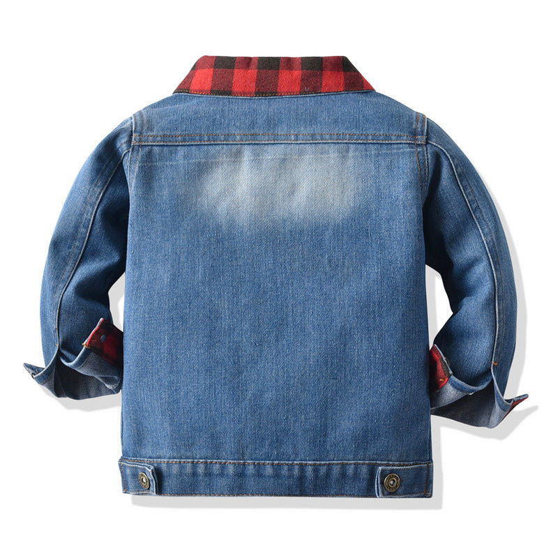 Export children's clothing spring & fallnew arrival boys and girls cotton denim outwear baby plaidpatchwork lapel denim shirt tops