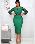 African women's plus size color block polka dot bodycon dress -  ol commute u-neck dress with belt