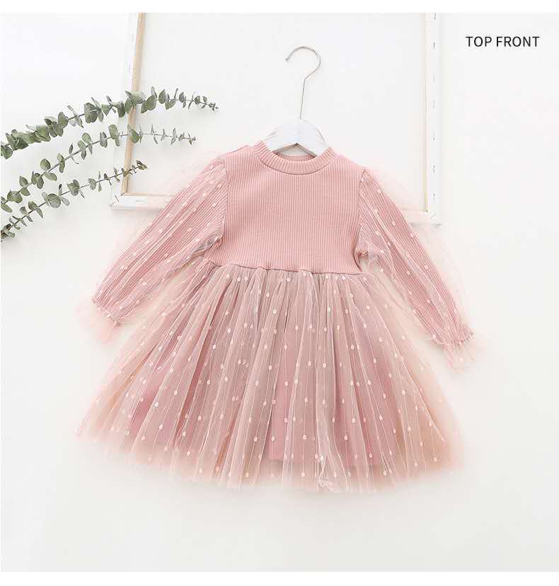 Girls' autumn new arrivals: girls' dress, girls' tulle skirt - stylish bubble sleeve knitted mesh skirt