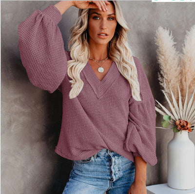 fall/winter new arrivals: 's latest european and american fashion women's loose v-neck knit top with lantern sleeves