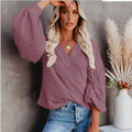 fall/winter new arrivals: 's latest european and american fashion women's loose v-neck knit top with lantern sleeves