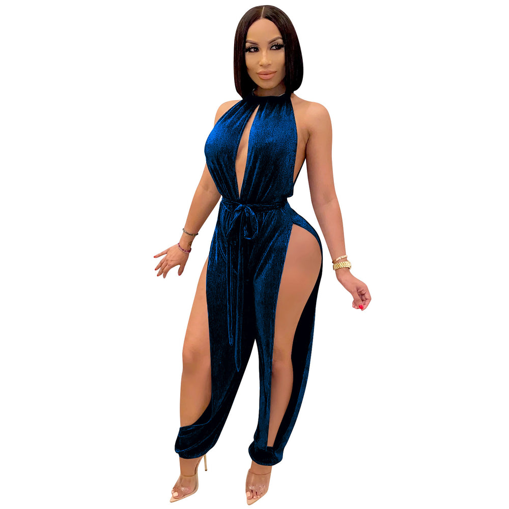 X3737 cross-border new arrival:  &  fashion - sexy european & american style strappy stretch slit women's jumpsuit