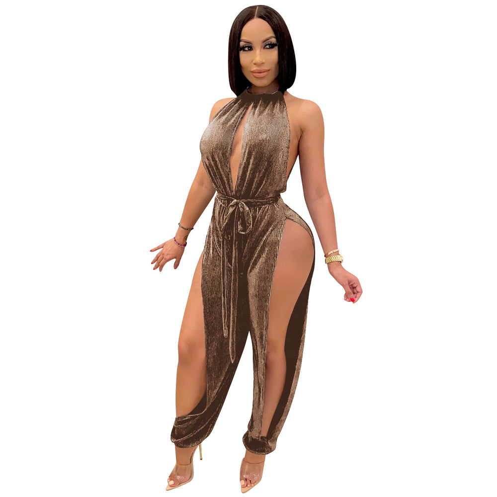 X3737 cross-border new arrival:  &  fashion - sexy european & american style strappy stretch slit women's jumpsuit