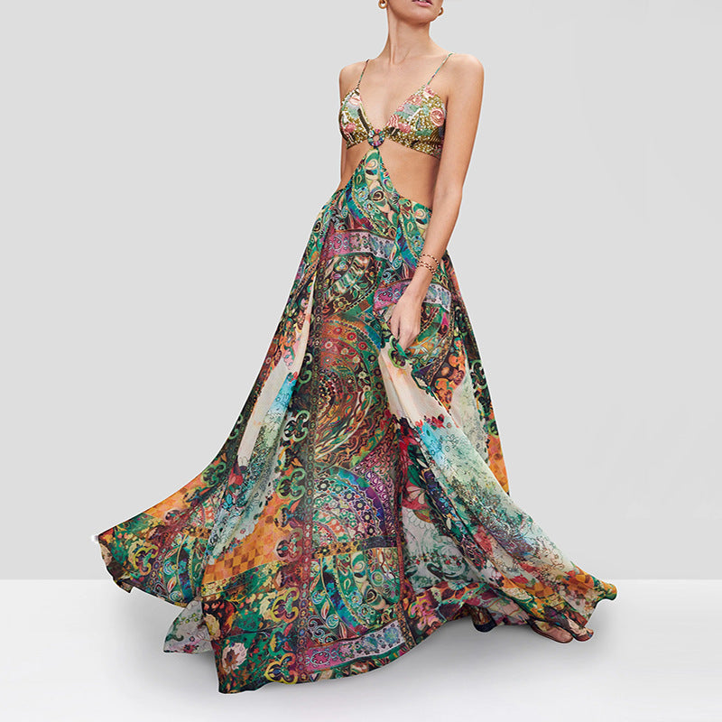 Amazon style long dress - slimming and height-enhancing - 2025 new women's elegant printed dress with round neck and floral print