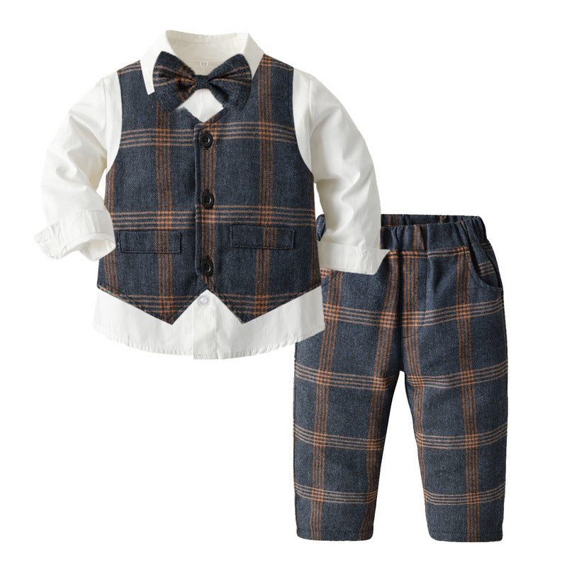 Wholesale children's gentleman outfit: new spring plaid vest set for boys - perfect for birthdays and first birthday celebrations