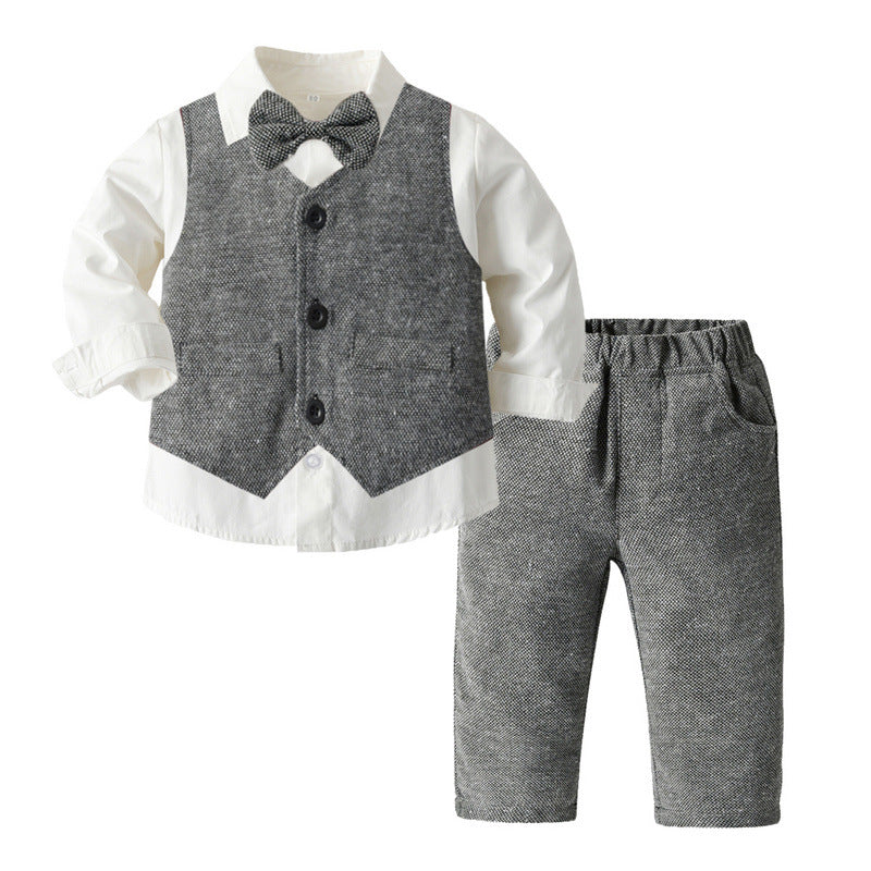 Export children's clothing autumn winternew arrivalfashionboyslong sleevesshirt dress suitpure colorvestpantsthree-piece set