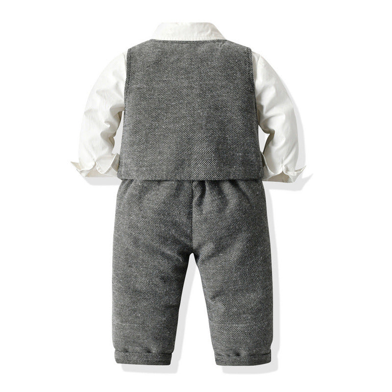 Export children's clothing autumn winternew arrivalfashionboyslong sleevesshirt dress suitpure colorvestpantsthree-piece set