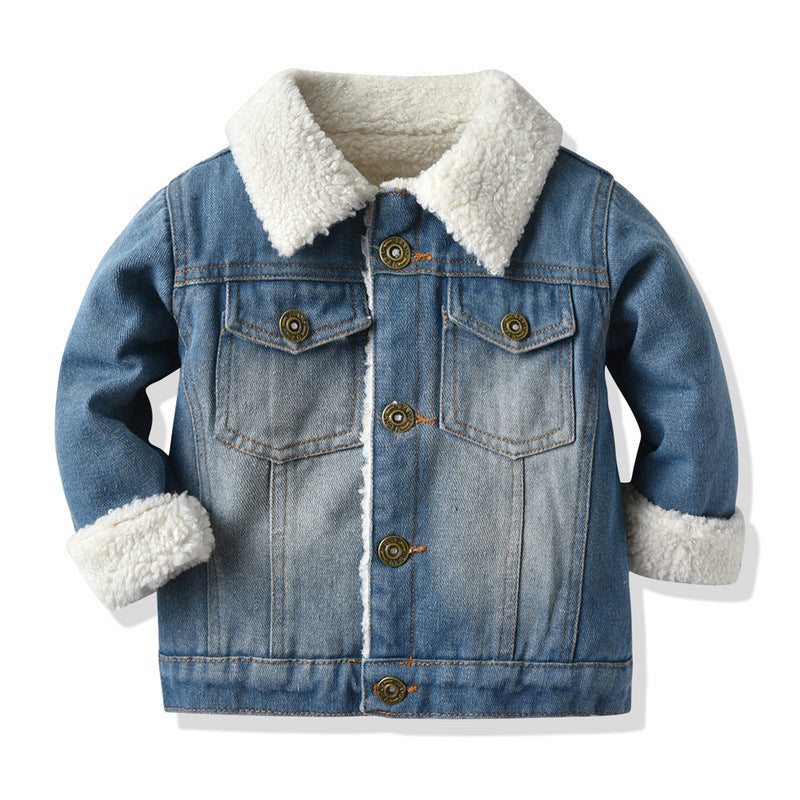 Children's outwearfall and winter style kidsfleece-lined denim clothing for boys and girls k-styleheattechtops for children cardigan wholesale