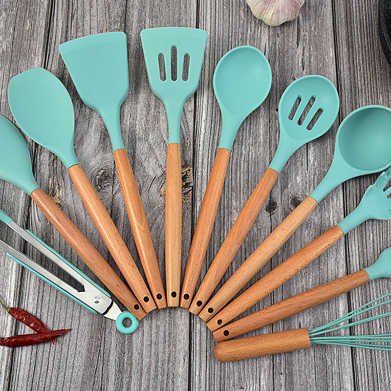 Cross-border twelve-piece set of colored wooden handle silicone kitchenware set to store food-grade high temperature resistant spatula spoons in stock