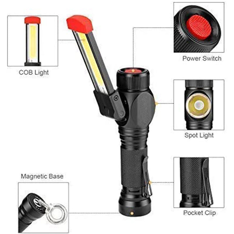 Cross-border new T6 + COB work light USB charging emergency folding maintenance light multi-function aluminum alloy flashlight