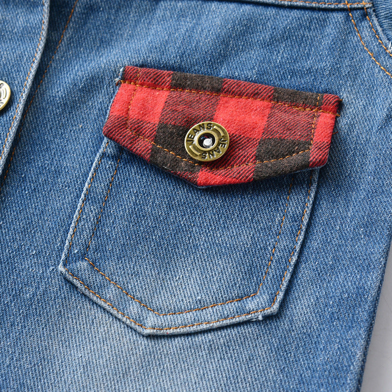 Export children's clothing spring & fallnew arrival boys and girls cotton denim outwear baby plaidpatchwork lapel denim shirt tops