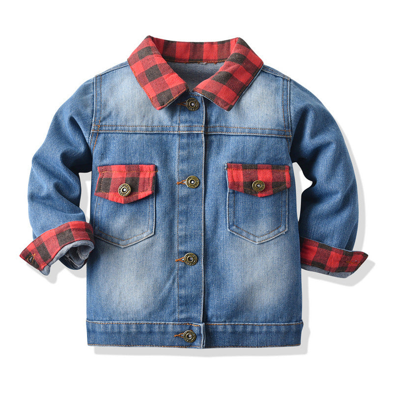 Export children's clothing spring & fallnew arrival boys and girls cotton denim outwear baby plaidpatchwork lapel denim shirt tops