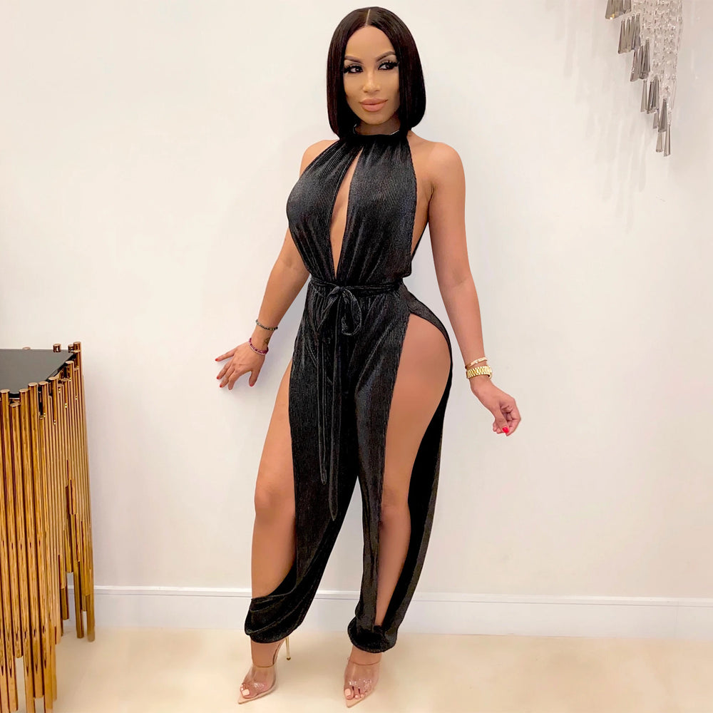 X3737 cross-border new arrival:  &  fashion - sexy european & american style strappy stretch slit women's jumpsuit