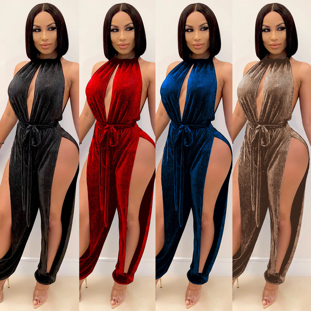 X3737 cross-border new arrival:  &  fashion - sexy european & american style strappy stretch slit women's jumpsuit