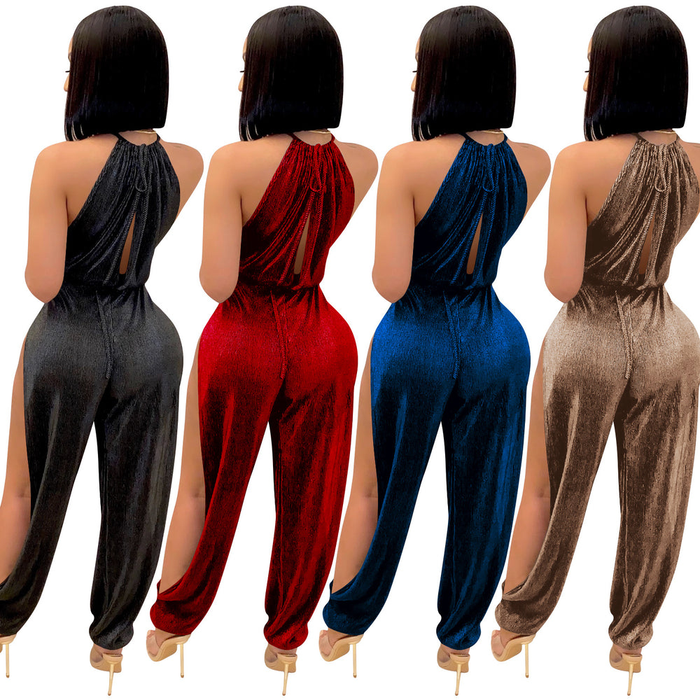 X3737 cross-border new arrival:  &  fashion - sexy european & american style strappy stretch slit women's jumpsuit