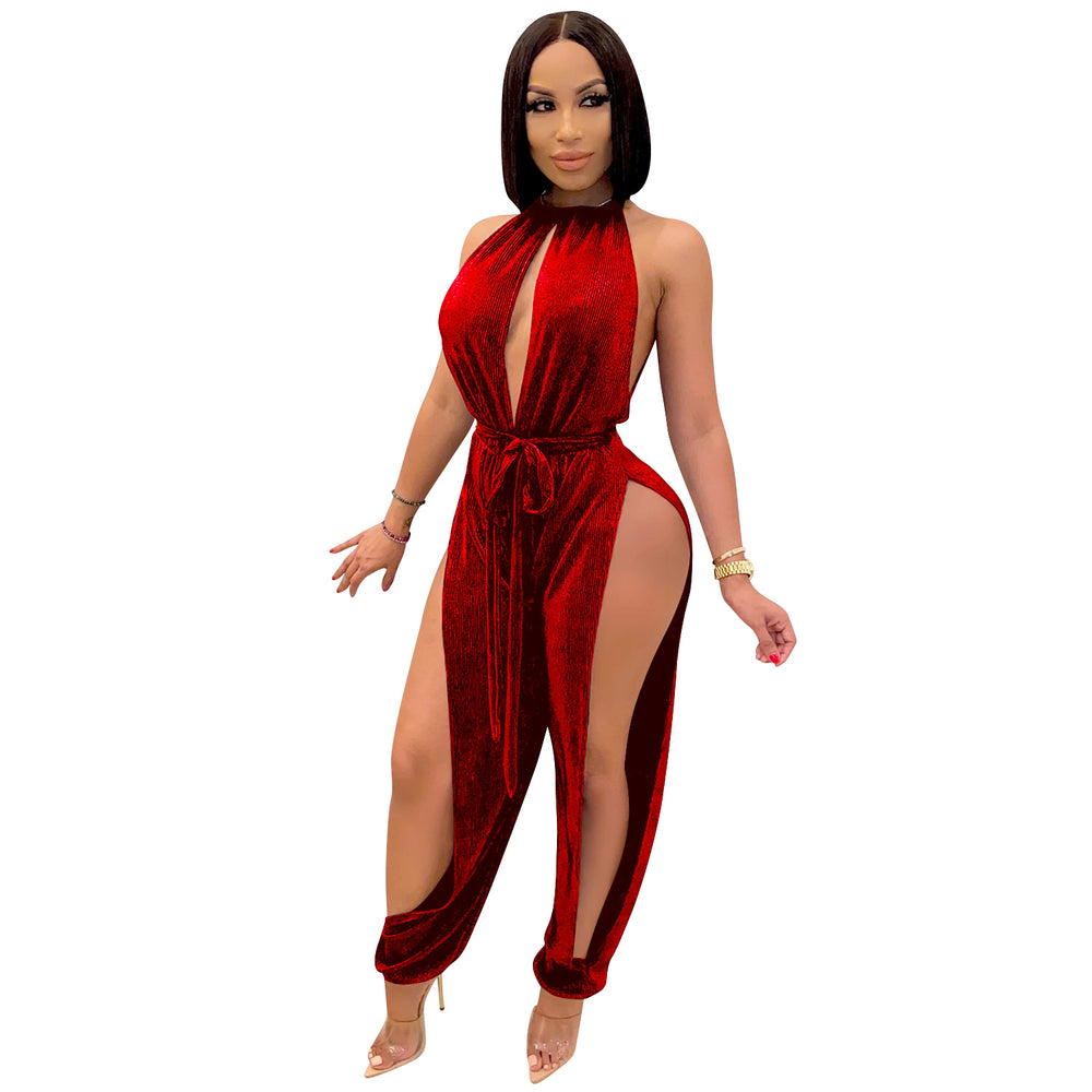 X3737 cross-border new arrival:  &  fashion - sexy european & american style strappy stretch slit women's jumpsuit