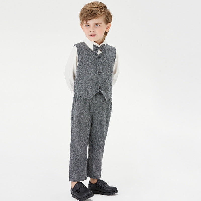 Export children's clothing autumn winternew arrivalfashionboyslong sleevesshirt dress suitpure colorvestpantsthree-piece set