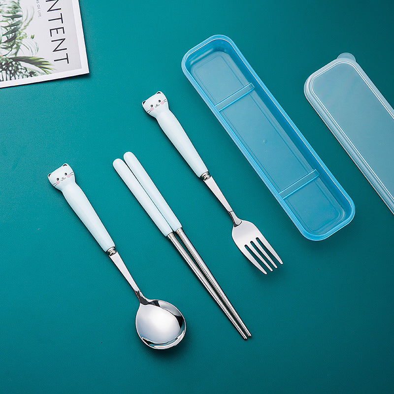 Cute stainless steel portable cutlery set - personalized bear design, includes spoon, fork, and chopsticks. perfect for students, outdoor use, and travel. stylish and high-quality