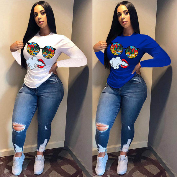 2020 Cross-border European and American Women's Long Sleeve Crew Neck Casual Printed T-Shirt Loose Top Women's T-Shirt