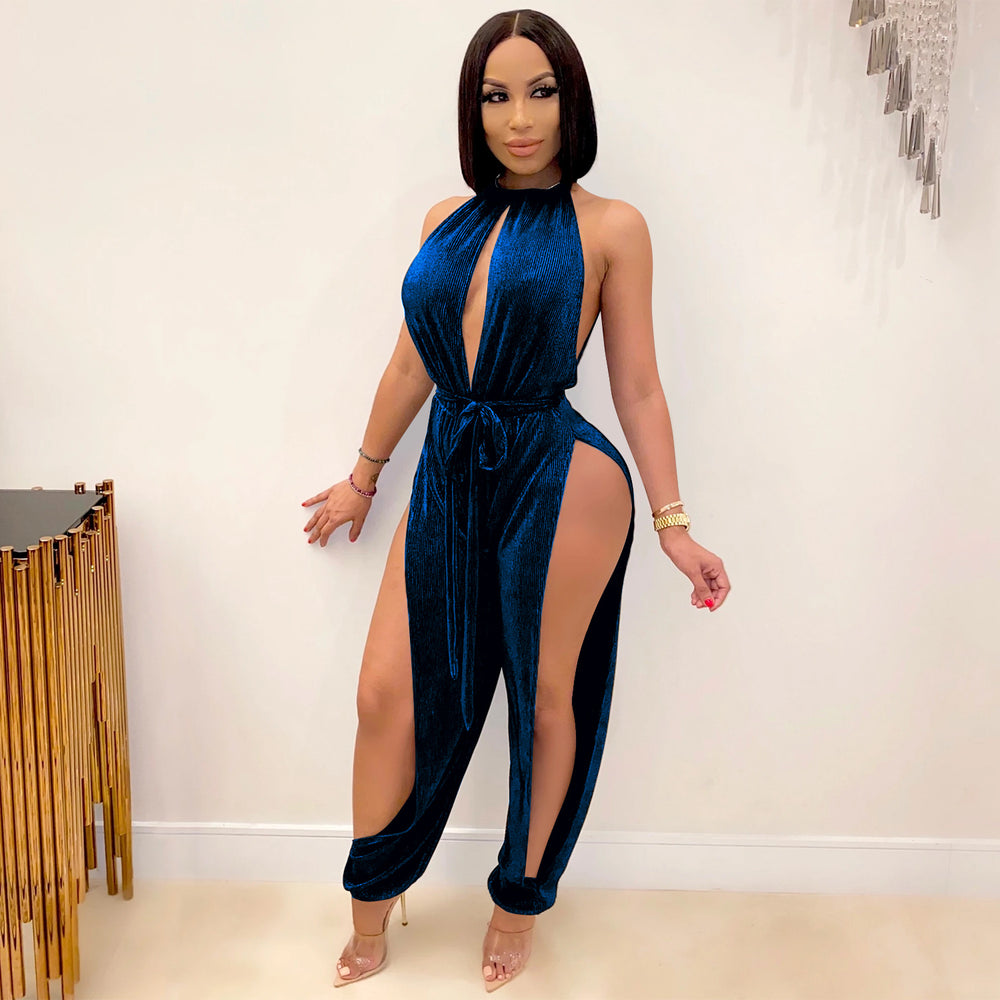 X3737 cross-border new arrival:  &  fashion - sexy european & american style strappy stretch slit women's jumpsuit