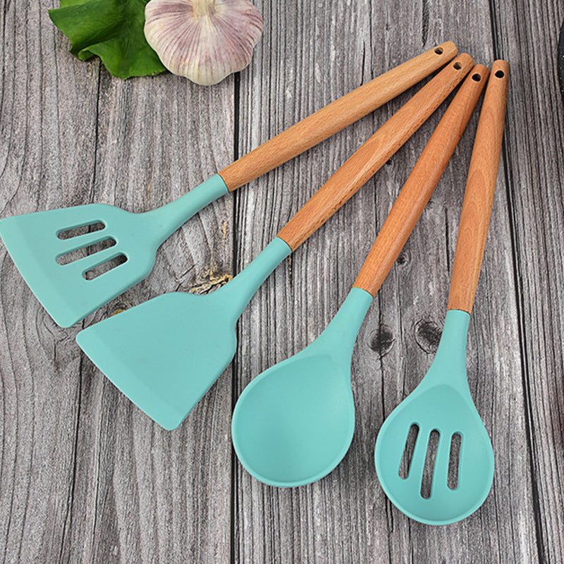 Cross-border twelve-piece set of colored wooden handle silicone kitchenware set to store food-grade high temperature resistant spatula spoons in stock