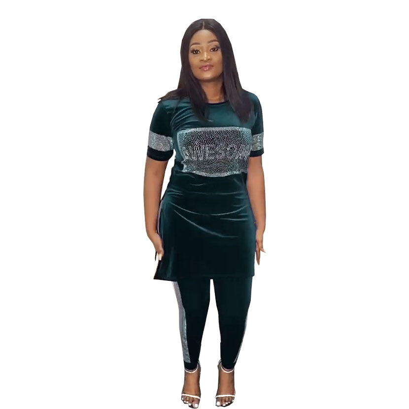 Special offer: factory direct, export-quality, fashionable african women's velvet top and pencil pants slim-fit set with hotfix rhinestones