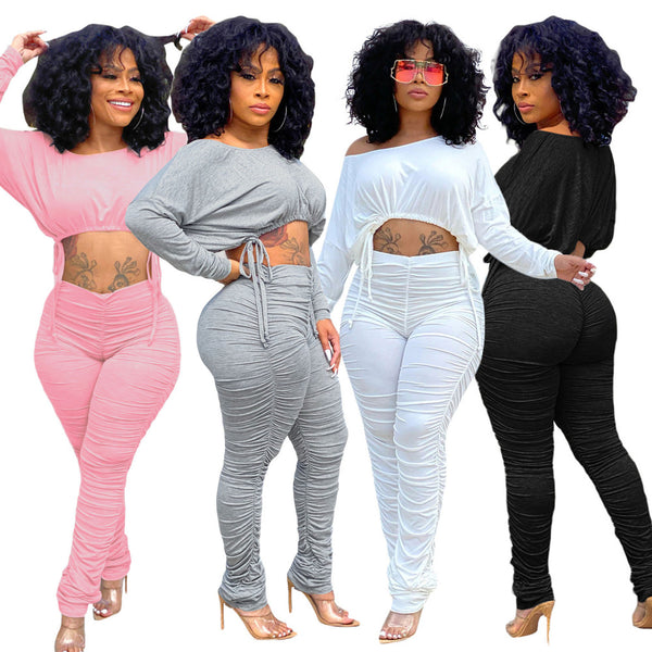S390001 Foreign Trade Women's Clothing Autumn and Winter Simple Fashion Casual Sports Crew Neck Pleated Drawstring Long Sleeve Pants Set