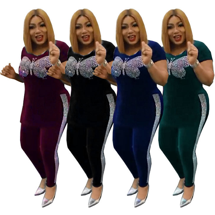 Special offer: factory direct fleece short-sleeve t-shirt with long slit and matching skinny pants fashion set - rhinestone butterfly detail